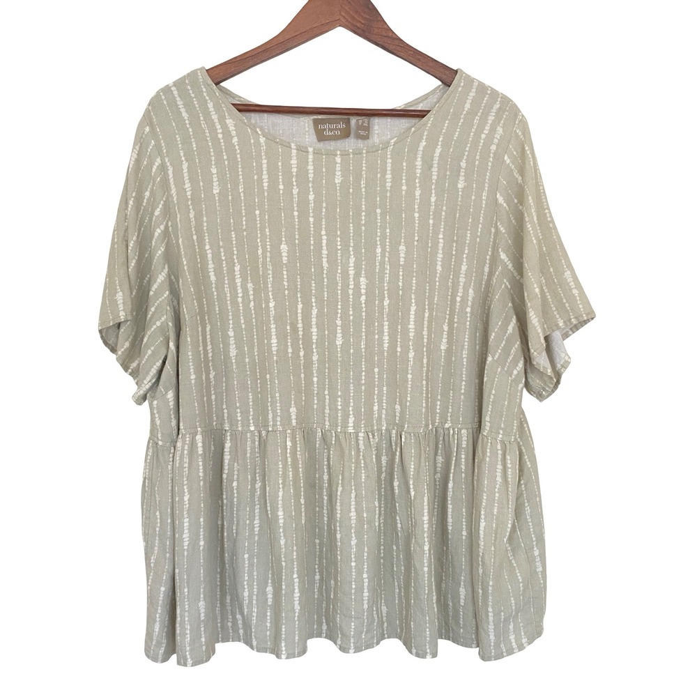 Naturals d&co Womens Peplum Top 1X Green Linen Blend Striped Short Sleeve Blouse